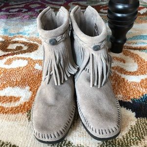 Minnetonka Suede Fringe Back Zip Ankle Booties